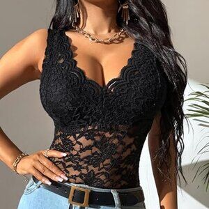 Y2K Floral Lace Mesh Tank Top | Black Sleeveless V-Neck Backless Slim Fit Top
